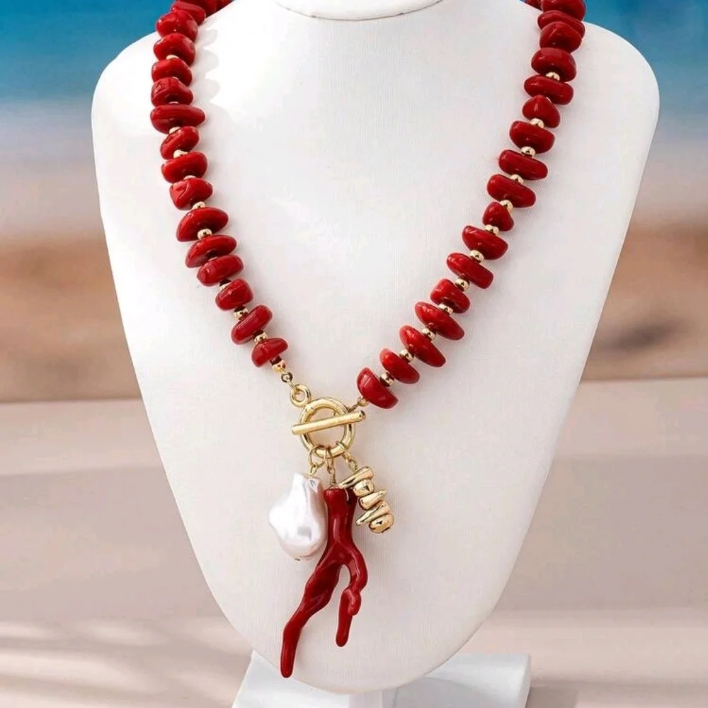 Red Necklace with Gold Accents Set - Picture 3 of 16